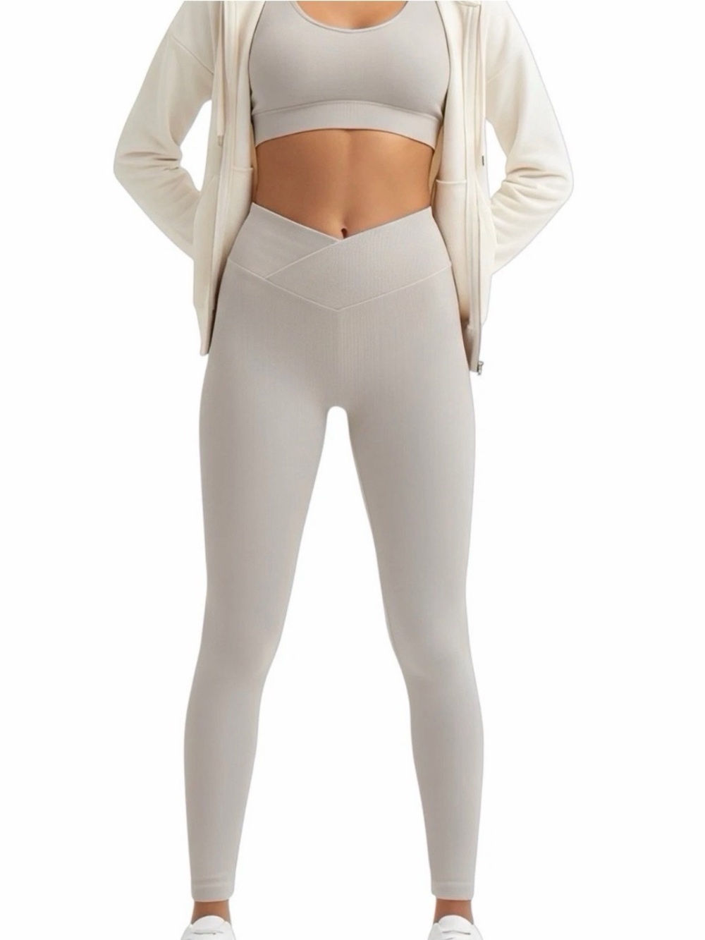 H&M Divided Ribbed Crossover Cream High-Waist V-Cut  Leggings